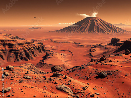 View of a Martian landscape featuring a volcano with smoke rising, captured during a stunning sunset over the Red Planet