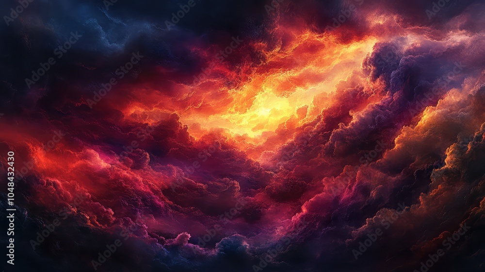A surreal sky with dark, stormy clouds lit by an intense sunset, glowing in shades of red, orange, and purple A surreal sky with dark, stormy clouds lit by an intense sunset, glowing in shades of red, orange, and purple