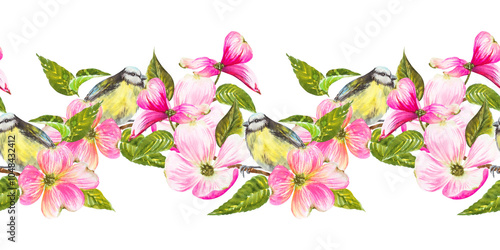 Seamless border.Watercolor illustration, titmouse sitting on a flowering dogwood branch, with beautiful pink flowers. Hand painted watercolor seamless spring pattern