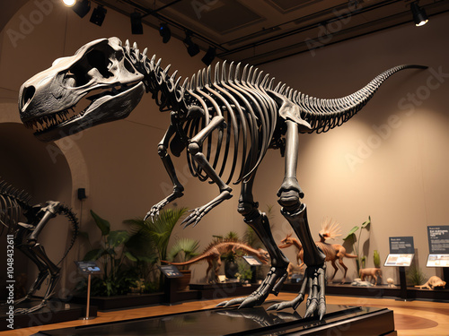 A detailed view of a Tyrannosaurus rex skeleton displayed in a natural history museum during a special exhibition on dinosaurs photo