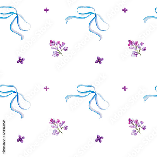 Seamless pattern.Watercolor illustration with beautiful lilac branches and cute bows. Hand painted watercolor seamless spring pattern,seamless pattern with lilac flowers and bows