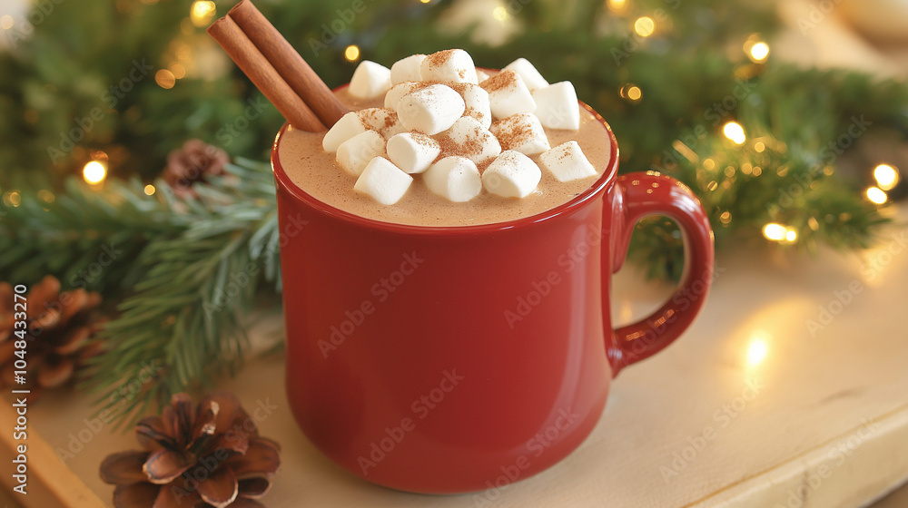 Photo of a Hot Chocolate Mug with Marshmallows: A photo of a festive red mug filled with hot chocolate, topped with fluffy marshmallows and a cinnamon stick. The background includes subtle holiday. Photo of a Hot Chocolate Mug with Marshmallows: A photo of a festive red mug filled with hot chocolate, topped with fluffy marshmallows and a cinnamon stick. The background includes subtle holiday.