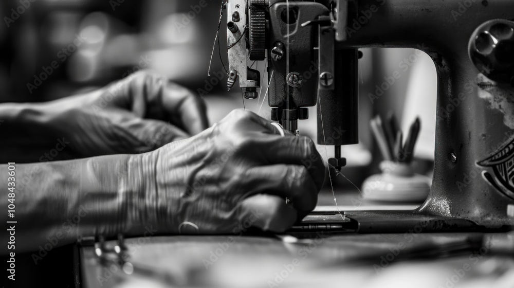 A Black and White Close-up of a Person's Hands Using a Vintage Sewing Machine A Black and White Close-up of a Person's Hands Using a Vintage Sewing Machine