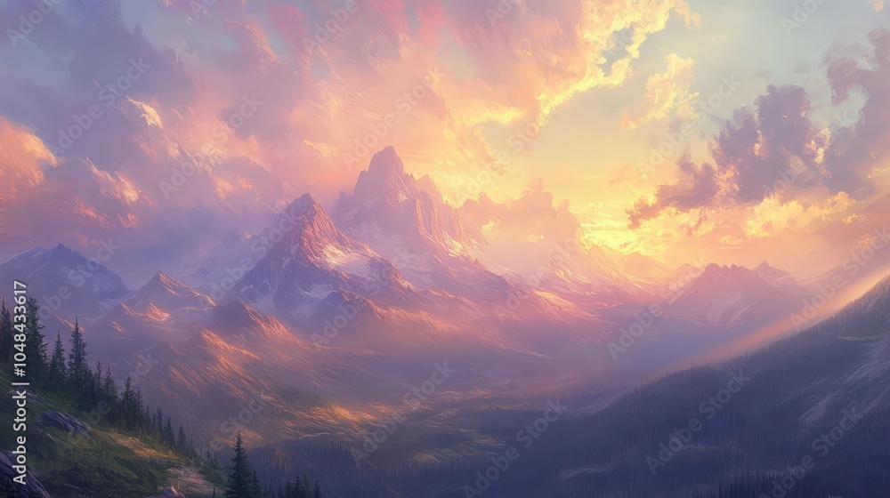 A tranquil sky at dawn with soft, pastel colors spreading over a range of majestic mountains, gently illuminated by the rising sun A tranquil sky at dawn with soft, pastel colors spreading over a range of majestic mountains, gently illuminated by the rising sun