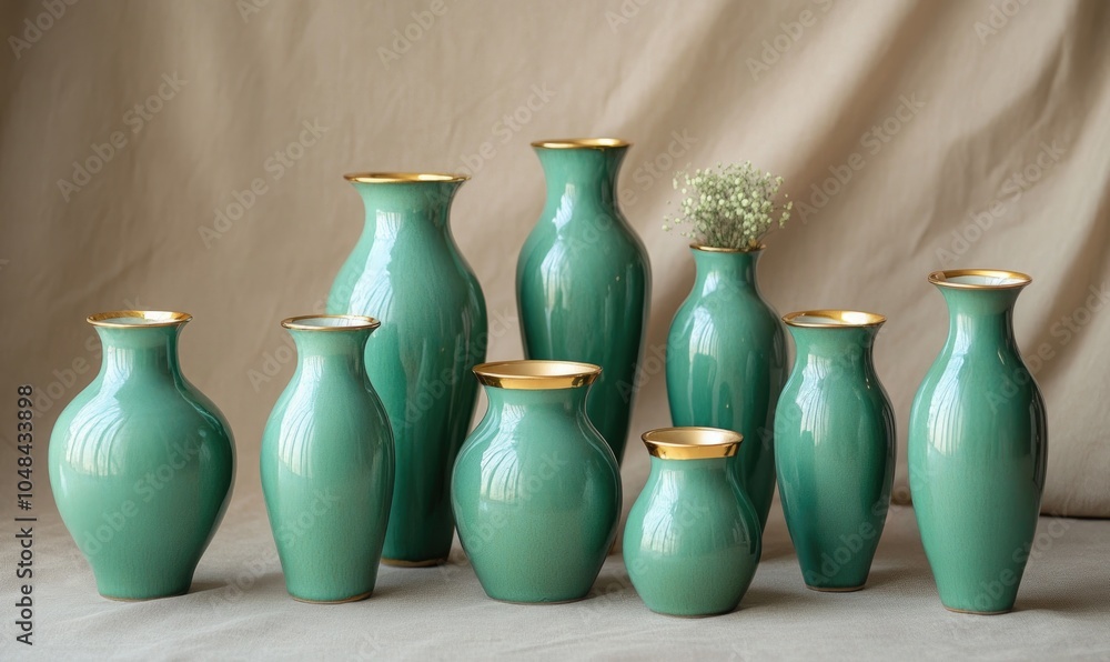 A row of green vases with gold trim sit on a table A row of green vases with gold trim sit on a table