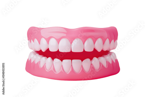 Bright pink dentures on a white background photo