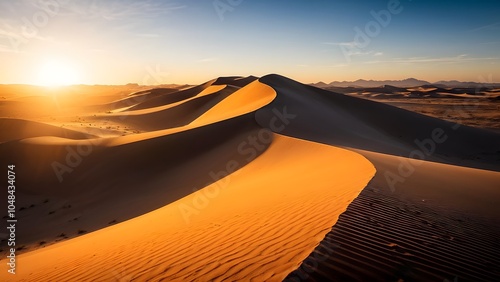 Golden Sunlight Casting Long Shadows Across the Rolling Sand Dunes of a Vast Desert Landscape (29) photo