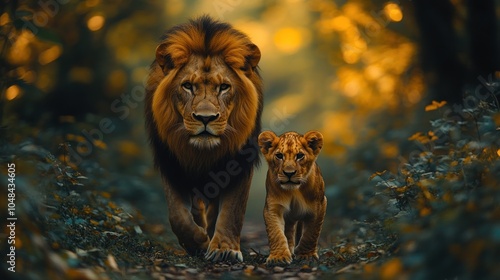 A majestic lion and a cub walk through a lush green forest, the sun filtering through the trees behind them, creating a warm glow.