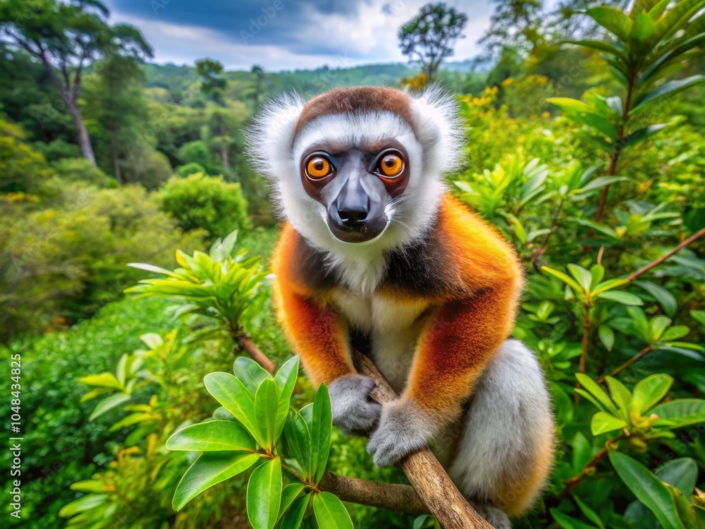 Fototapeta premium Aerial Photography of Diademed Sifaka in Madagascar's Rainforest Habitat - Endangered Lemur Species, Rare Wildlife Conservation, Biodiversity, Unique Fauna, Nature Preservation