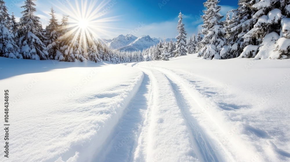 Smooth tracks cut through pristine white snow under a radiant sun, flanked by densely snow-covered evergreen trees in a serene mountain landscape. Smooth tracks cut through pristine white snow under a radiant sun, flanked by densely snow-covered evergreen trees in a serene mountain landscape.