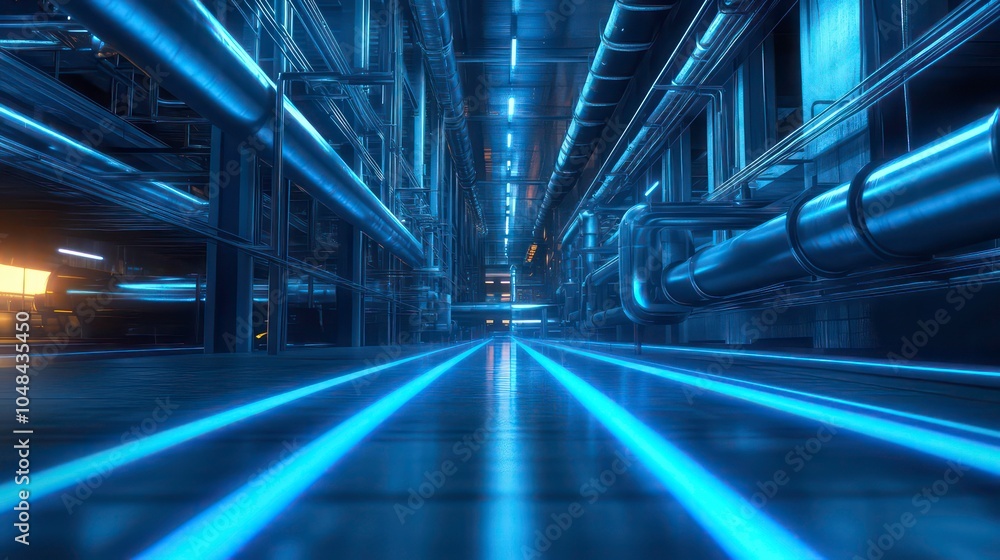 Fototapeta premium A long, narrow hallway in an industrial building with blue lights reflecting off the floor, creating a futuristic and modern atmosphere.