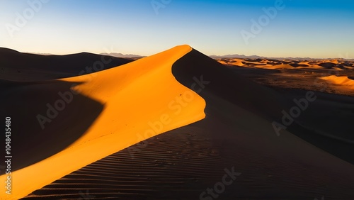 Golden Sunlight Casting Long Shadows Across the Rolling Sand Dunes of a Vast Desert Landscape (46) photo