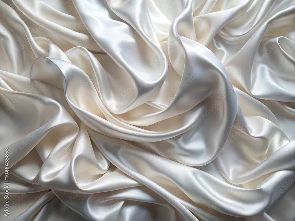 Obraz premium Aerial View of Flowing White Silk or Satin Fabric in Motion, Captivating Textures and Softness, Perfect for Backgrounds, Fashion, or Elegant Presentations