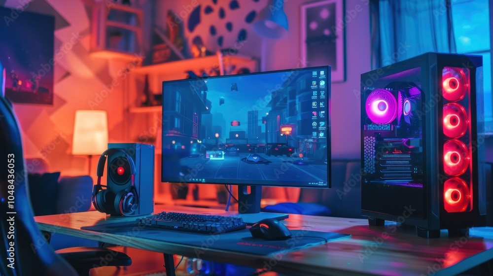 Gaming Setup with Computer, Monitor, and Headphones Gaming Setup with Computer, Monitor, and Headphones