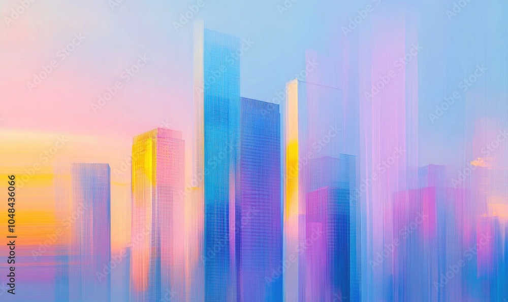 A cityscape with tall buildings and a sunset in the background A cityscape with tall buildings and a sunset in the background