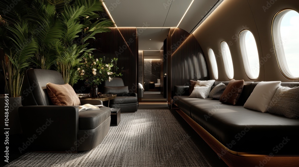 Inside a luxurious private jet, the image showcases elegant leather seating arrangements and high-end finishes, conveying sophistication and opulence in travel. Inside a luxurious private jet, the image showcases elegant leather seating arrangements and high-end finishes, conveying sophistication and opulence in travel.