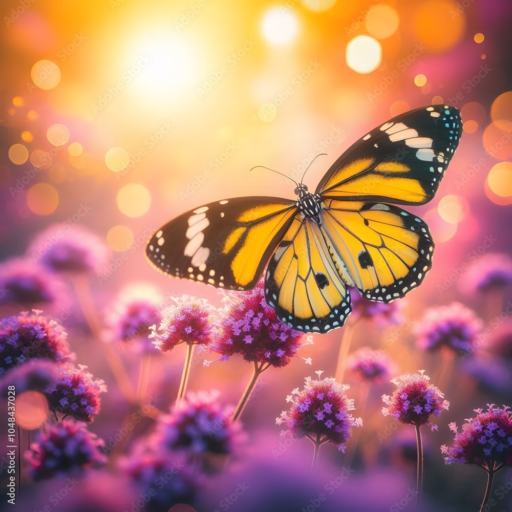 Obraz premium Beautiful butterfly on pink flowers with bokeh background, nature background generated by AI