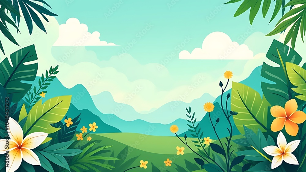 Obraz premium Illustration in trendy flat simple style - spring and summer background with copy space for text - landscape with plants, leaves, flowers - background for banner, greeting card, poster