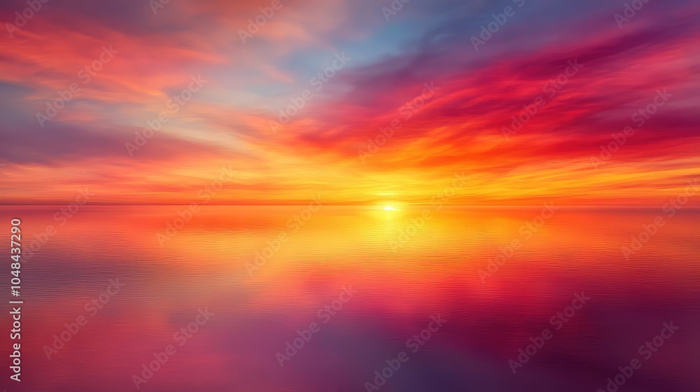 Fototapeta premium A vibrant twilight sky with a rich blend of orange, red, and purple tones, reflecting on the calm waters below