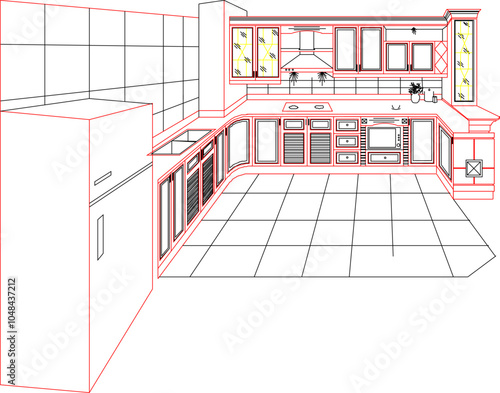 Vector sketch illustration, silhouette design, architectural engineering drawing, kitchen set interior