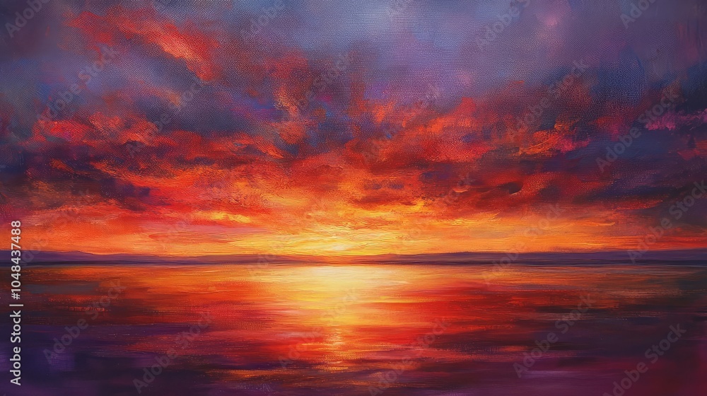 A vibrant twilight sky with a rich blend of orange, red, and purple tones, reflecting on the calm waters below A vibrant twilight sky with a rich blend of orange, red, and purple tones, reflecting on the calm waters below