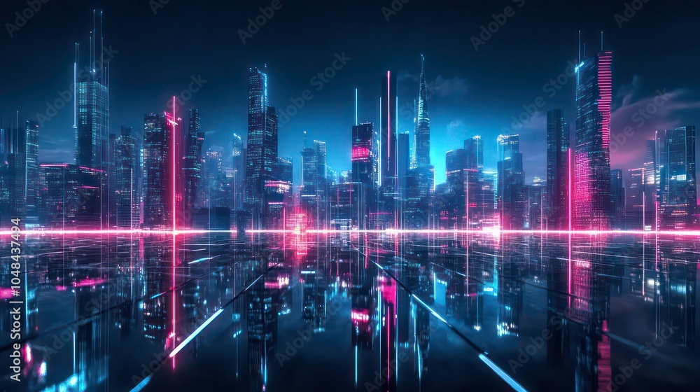 Futuristic city skyline at night with neon lights reflecting on a wet ground. Futuristic city skyline at night with neon lights reflecting on a wet ground.