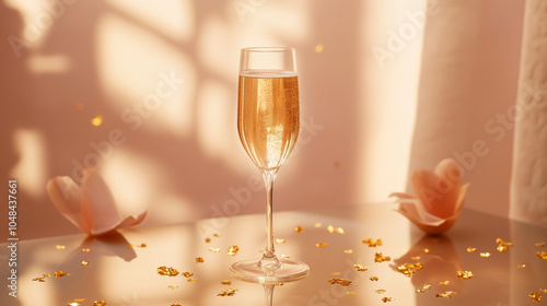 Photo of a New Year's Eve Champagne Glass: A single champagne flute filled with sparkling champagne, placed on a glossy surface with golden confetti scattered around.  photo