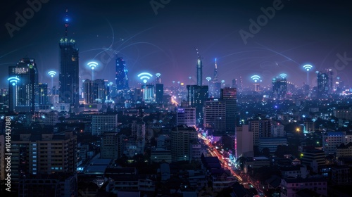 Wallpaper Mural city ​​view with tall buildings and network as a symbol of communication Torontodigital.ca