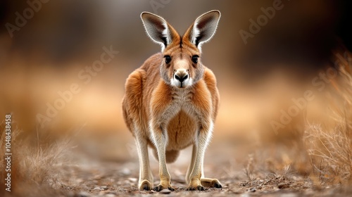 A solitary kangaroo stands alert with large ears perked up, amidst a blurred background of the natural Australian outback landscape. photo