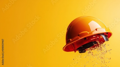 An orange construction helmet is shown against a vibrant orange backdrop with a water splash, symbolizing durability, creativity, and a burst of energy and protection. photo