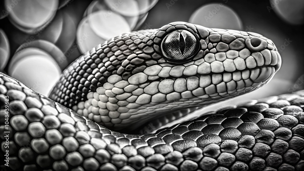 Fototapeta premium Black and White Snake Drawing for Educational Materials - Detailed Long Exposure Artwork for Biology, Nature Studies, Wildlife Education, Art Projects, and Science Resources