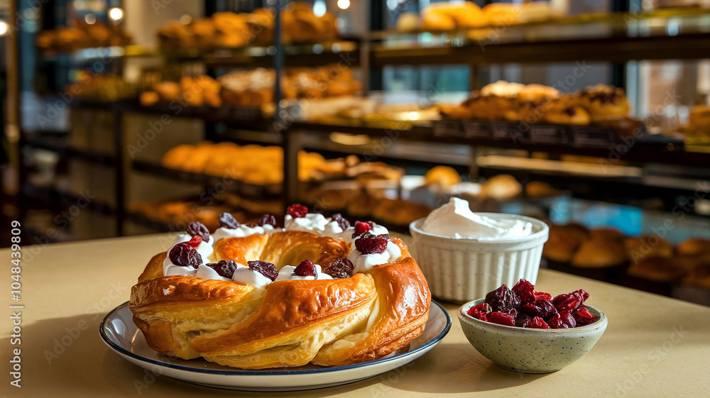 Delicious Danish pastry topped with whipped cream and dried cranberries, set on a bakery table, perfect for culinary visuals. Delicious Danish pastry topped with whipped cream and dried cranberries, set on a bakery table, perfect for culinary visuals.