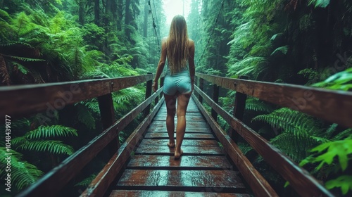 A person daringly walks barefoot across a wooden bridge enveloped by lush rainforest foliage, inviting an intimate connection to nature and a sense of freedom. photo