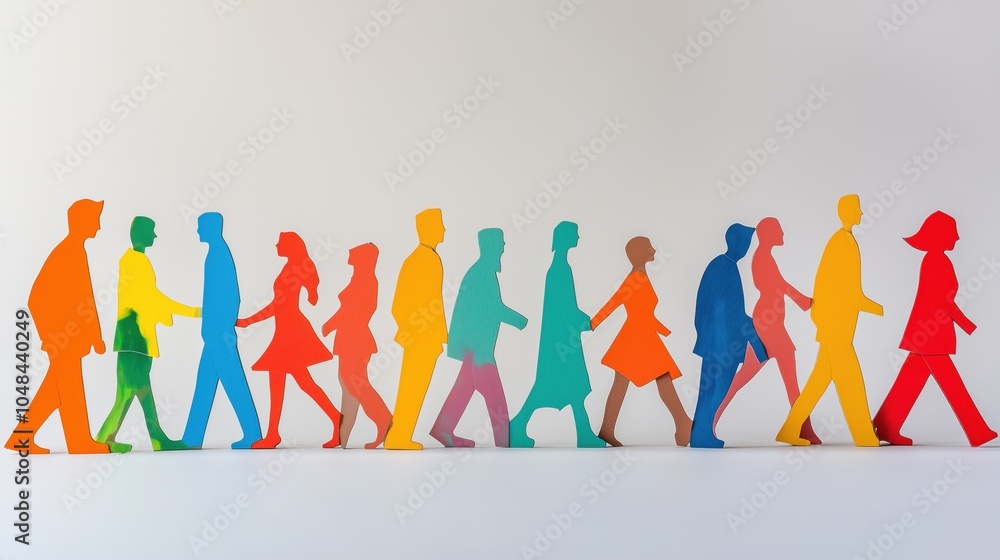 Colorful cardboard cutouts exhibit diverse figures in various poses against a light gray background Colorful cardboard cutouts exhibit diverse figures in various poses against a light gray background