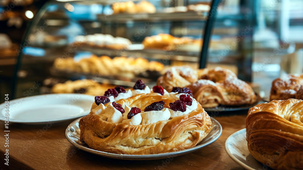 Delicious Danish pastry topped with whipped cream and dried cranberries, set on a bakery table, perfect for culinary visuals. Delicious Danish pastry topped with whipped cream and dried cranberries, set on a bakery table, perfect for culinary visuals.