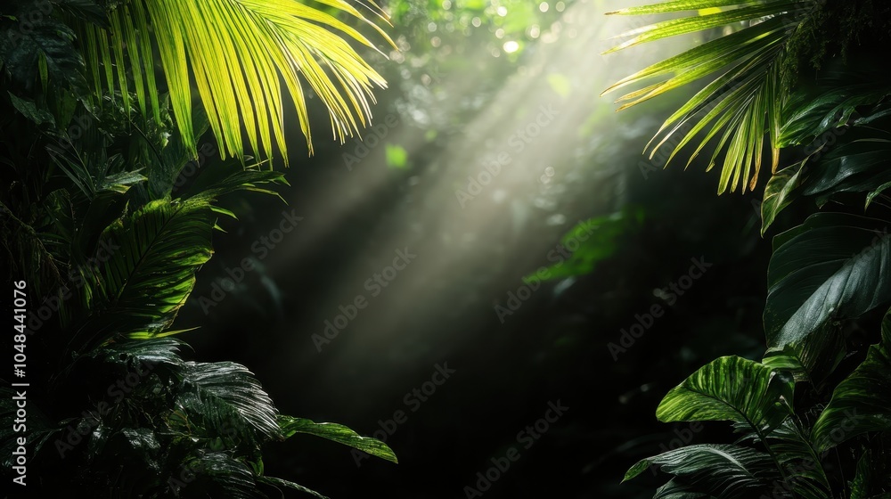 A deep jungle atmosphere filled with lush greenery, highlighted by dramatic light beams piercing through the canopy and creating a mystical scene. A deep jungle atmosphere filled with lush greenery, highlighted by dramatic light beams piercing through the canopy and creating a mystical scene.