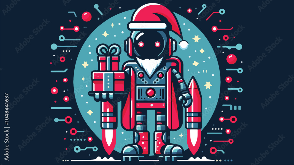 A futuristic robot in Santa-themed colors, carrying a stack of gifts with jet thrusters on its feet, with glowing circuits and snowflakes in the background A futuristic robot in Santa-themed colors, carrying a stack of gifts with jet thrusters on its feet, with glowing circuits and snowflakes in the background