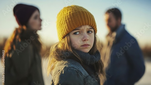 Divorce Tension, A child stands in sorrow as estranged parents face away, embodying the emotional strain of family separation.