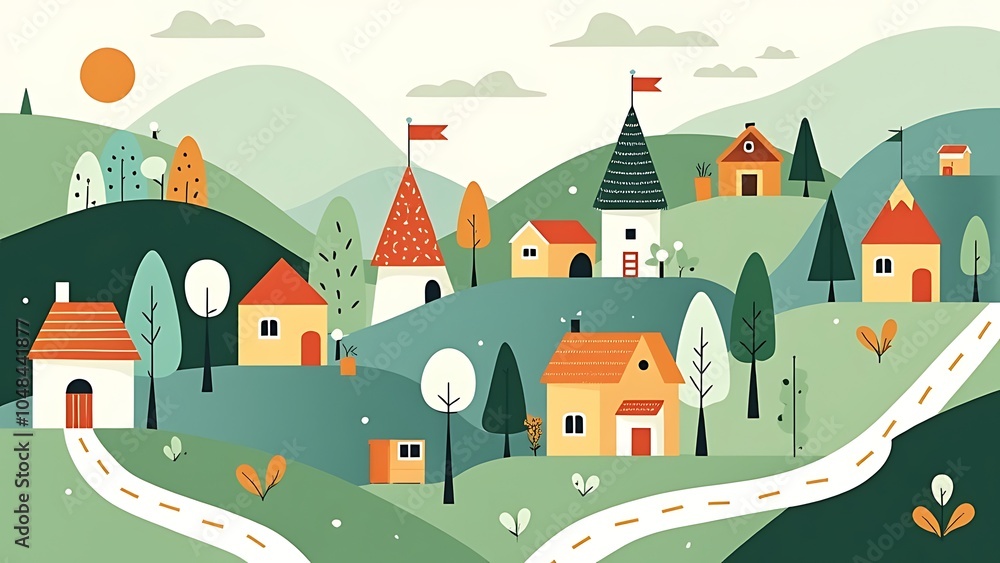 Illustration in simple minimal geometric flat style - city landscape with buildings, hills and trees - abstract background for header images for websites, banners, covers Illustration in simple minimal geometric flat style - city landscape with buildings, hills and trees - abstract background for header images for websites, banners, covers