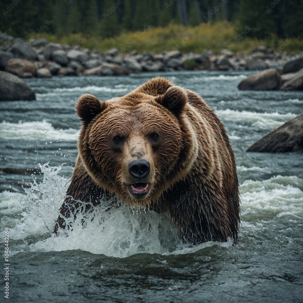 A grizzly bear fishing in a rushing river, water splashing as it catches a fish.
A grizzly bear fishing in a rushing river, water splashing as it catches a fish.