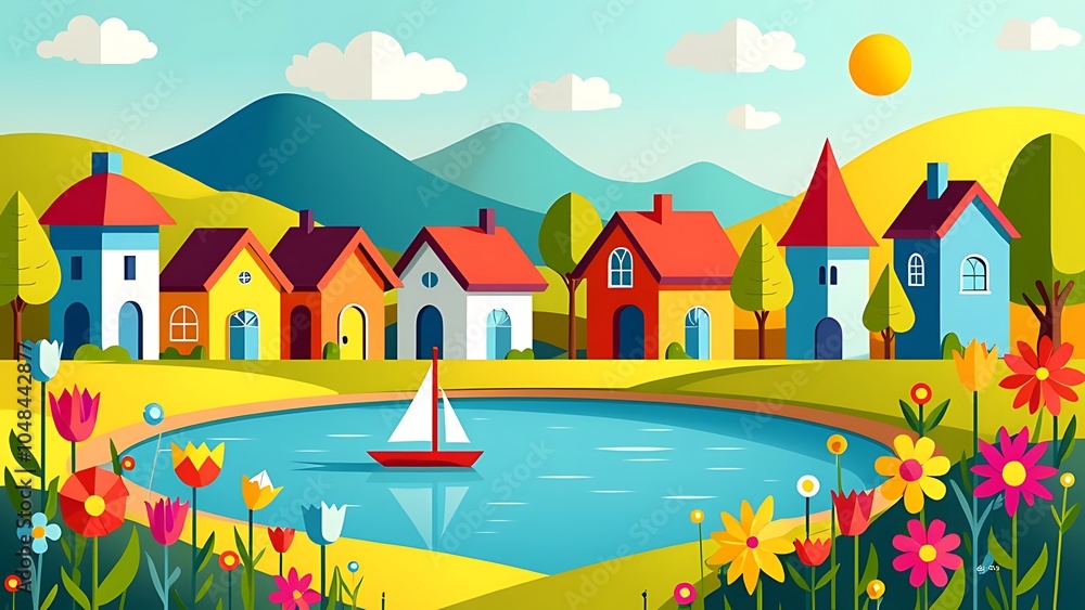 Illustration in simple minimal geometric flat style - city landscape with buildings, lake, flowers and trees - abstract background for header images for websites, banners, covers Illustration in simple minimal geometric flat style - city landscape with buildings, lake, flowers and trees - abstract background for header images for websites, banners, covers