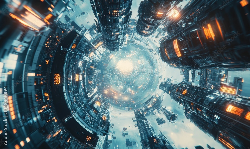 Futuristic city, rotating buildings, orange lights. Futuristic city, rotating buildings, orange lights.