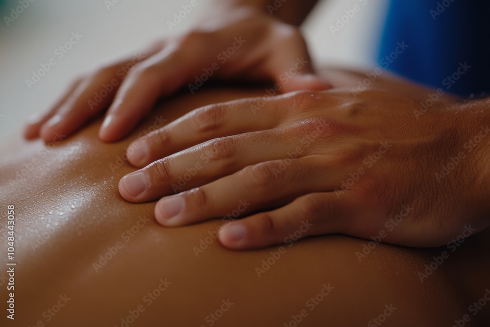 Close-up of hands providing a relaxing back massage on moisturized skin. This image captures themes of wellness, relaxation, and self-care, ideal for spa, health, or therapeutic concepts.