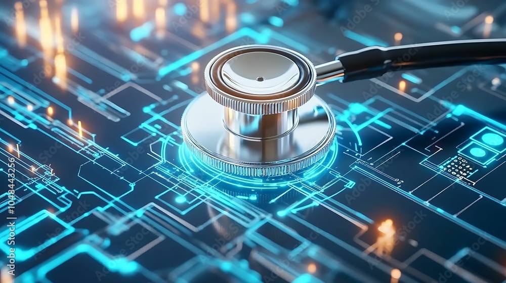 Close-up of a stethoscope placed on a glowing digital circuit board, symbolizing the fusion of healthcare and modern technology for diagnostics. Close-up of a stethoscope placed on a glowing digital circuit board, symbolizing the fusion of healthcare and modern technology for diagnostics.