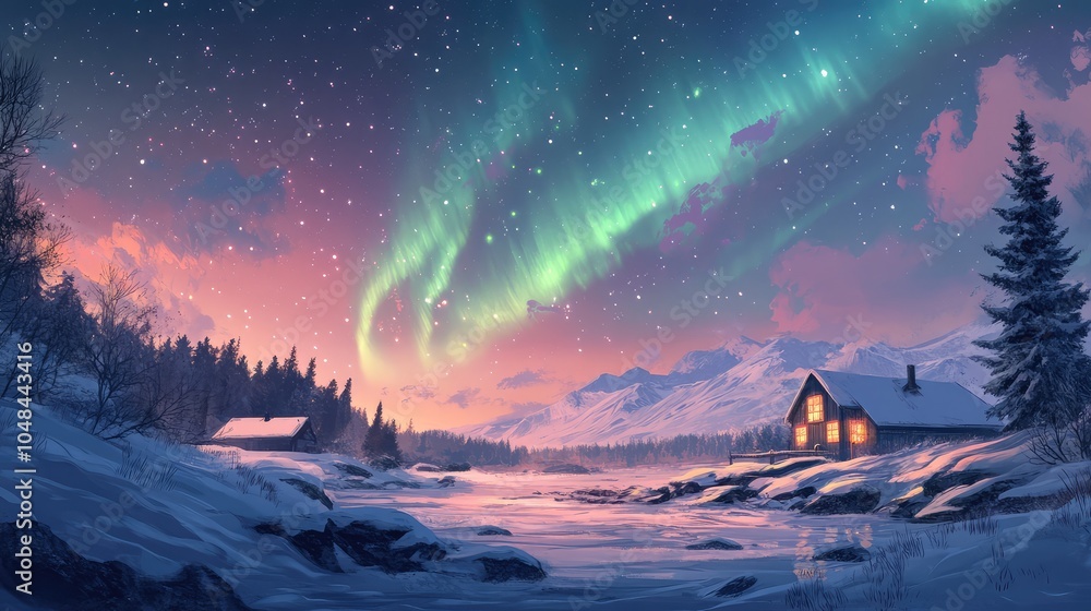 A soft aurora borealis with pale green and pink lights glowing faintly in a clear, star-filled sky over a peaceful snowy landscape A soft aurora borealis with pale green and pink lights glowing faintly in a clear, star-filled sky over a peaceful snowy landscape