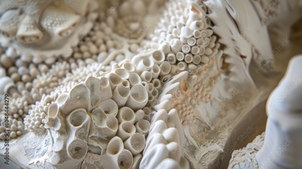 Abstract shapes resembling coral are attached to a ceramic art piece in a workshop, showcasing the intricate details of the creative process Abstract shapes resembling coral are attached to a ceramic art piece in a workshop, showcasing the intricate details of the creative process