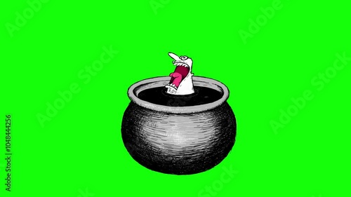 Bad cartoon sinner is boiling in kettle full of hot  tar green screen. He looks like he fell in hell. He was a bad man and has penalty; really unhappy and frightened. Funny cartoon animation greenbox. photo