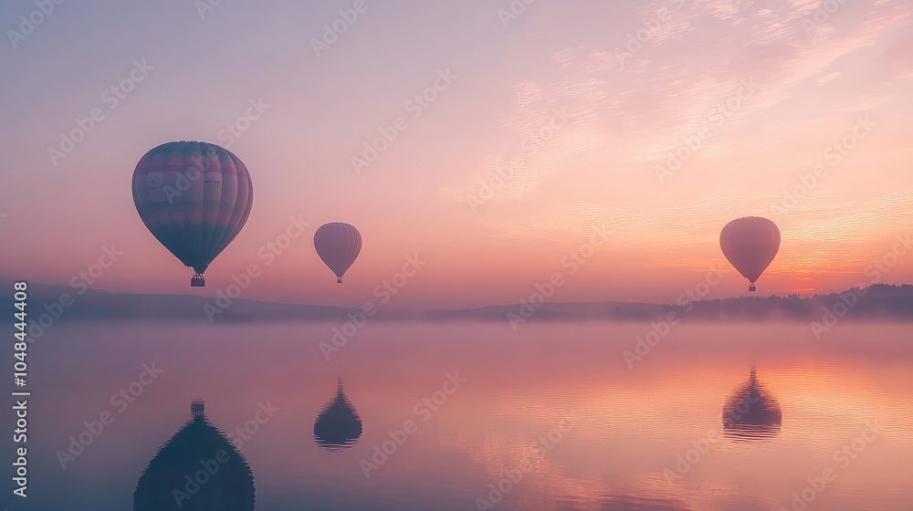Fototapeta premium A soft, pastel sky at dawn with hot air balloons floating peacefully across the horizon, the calm scene reflected in a nearby lake