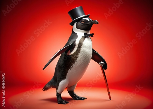 Charismatic African Penguin in Top Hat Tap Dancing Against Vibrant Red Background - Surreal Photography Concept photo