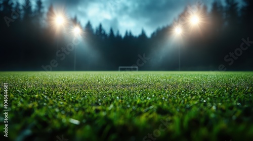 A lush green soccer field illuminated by towering stadium lights, with a dark forest backdrop and a cloudy night sky offers a dramatic athletic atmosphere.